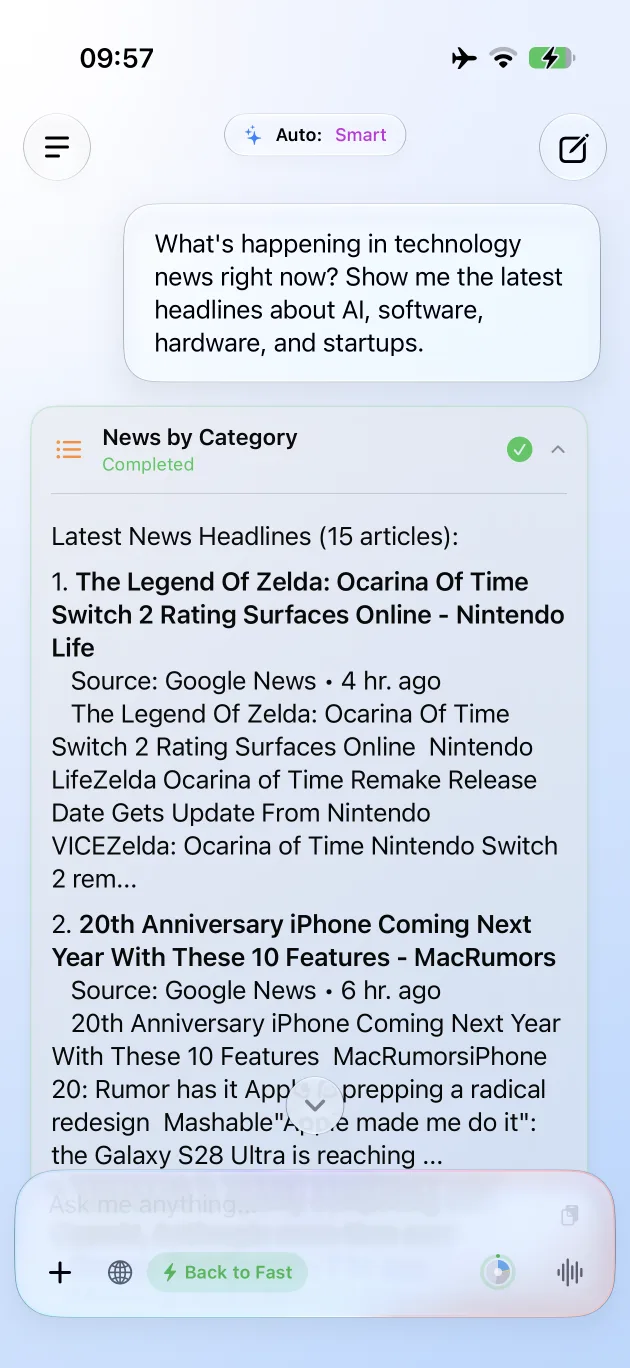 Solair AI live news headlines with web search