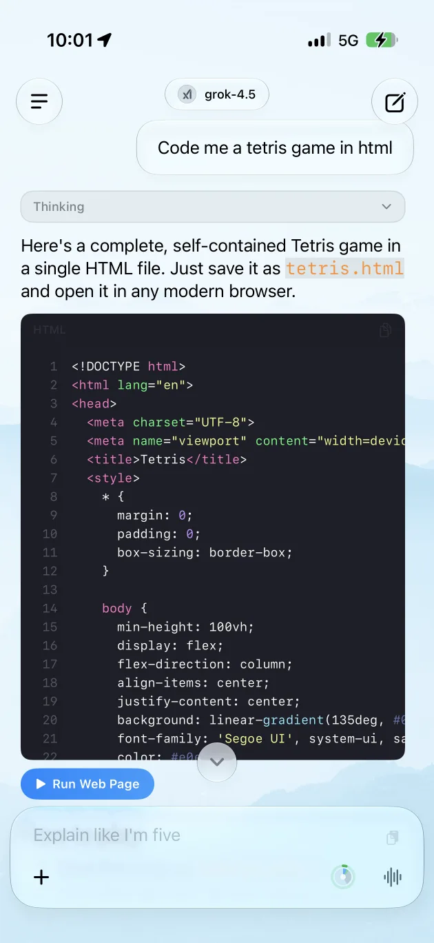 Solair AI coding a Tetris game in HTML with runnable preview