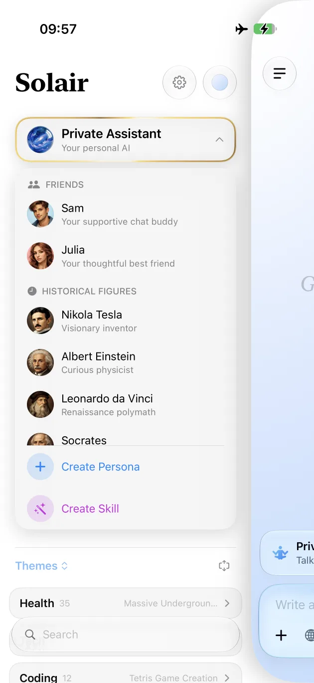 Solair AI sidebar with personas, themes and custom skills