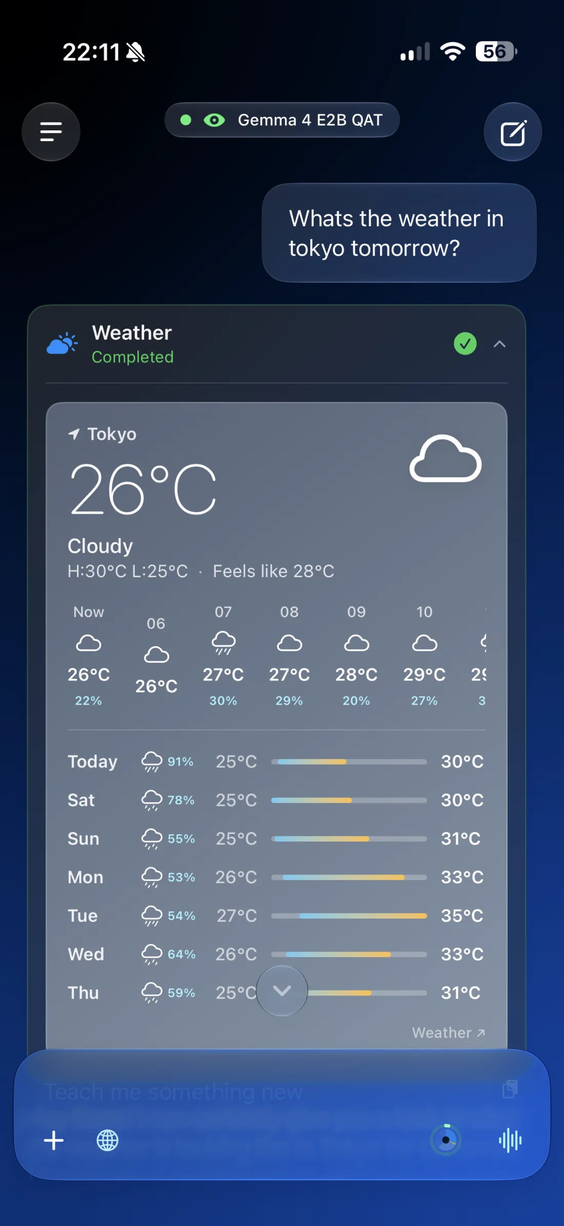 Weather tool card in Solair AI showing Tokyo forecast
